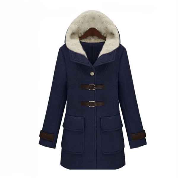 Women's Slim Fit Solid Color Hooded Long Woollen Coat Outwear - Navy Blue