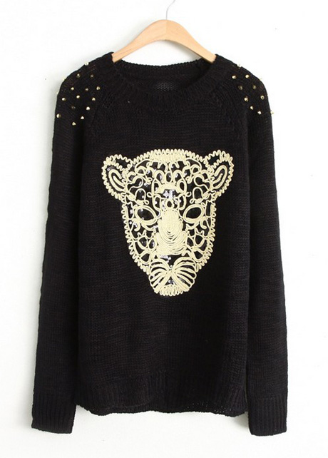 Winter Essential Leopard Head Print Pullovers - Black