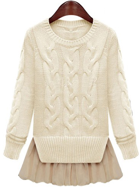 Fashion Two Piece Pattern Round Neck Cable Sweaters With Lace - Beige