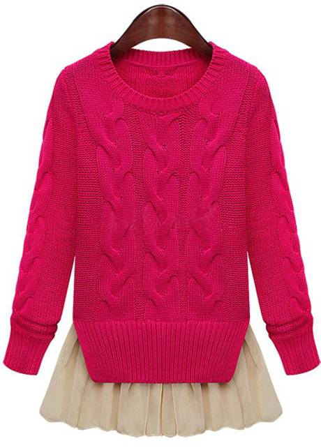 Fashion Two Piece Pattern Round Neck Cable Sweaters With Lace - Rose