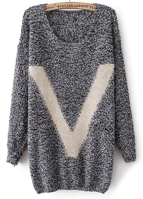 Pullovers Design V Print Long Sleeve Sweater - Grey