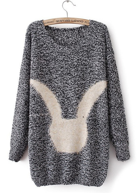 Cute Pullovers Rabbit Design Long Sleeve Sweater - Grey