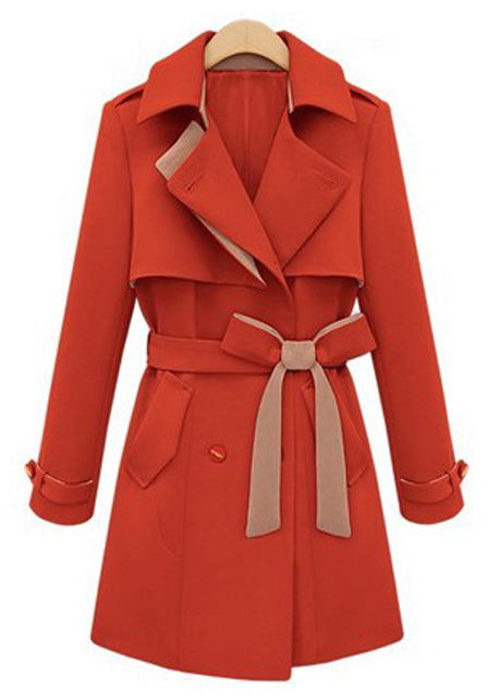 Special Clipping Turndown Collar Button Closed Trench Coat With Belt - Orange Red