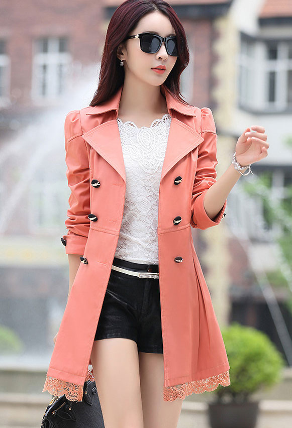 Lace Decoration Double Breasted Trench Coat - Pink
