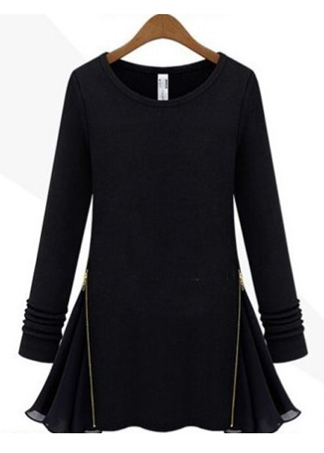 Star Style Chiffon Patchwork Zip Decoration Long Sleeve Dress - Black