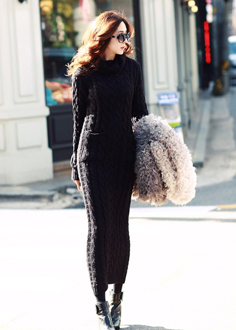 Turtleneck Long Sleeve Sweater Dress For Women - Black