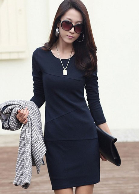 Laconic Long Sleeve Dress For Lady - Navy Blue