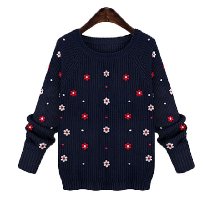 Cute Navy Blue Long Sleeve O-neck Pullovers Sweater