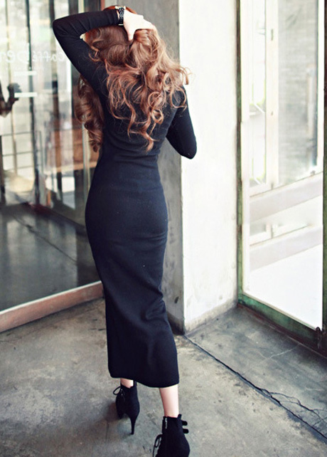 Fashion V Neck Long Sleeve Straight Cotton Maxi Dress - Black