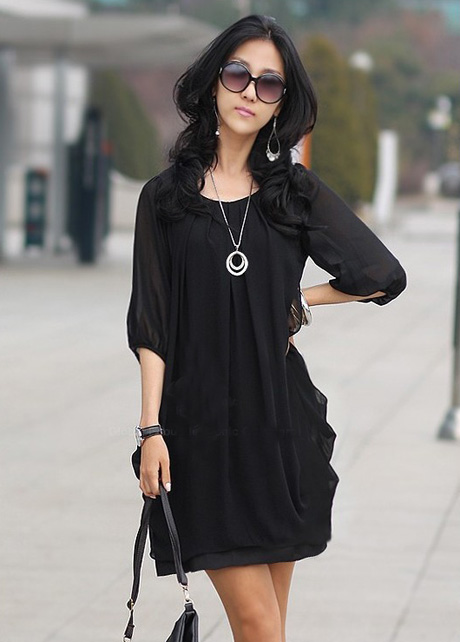 Chic Round Neck Half Sleeve Chiffon Dress - Black