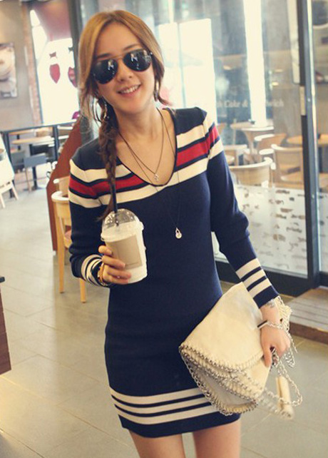 Casual Skinny Long Sleeve Color Blocking Sweater Dress