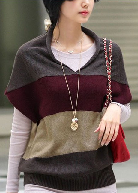 Comfortable Batwing Sleeve Color Matching V Neck Sweaters