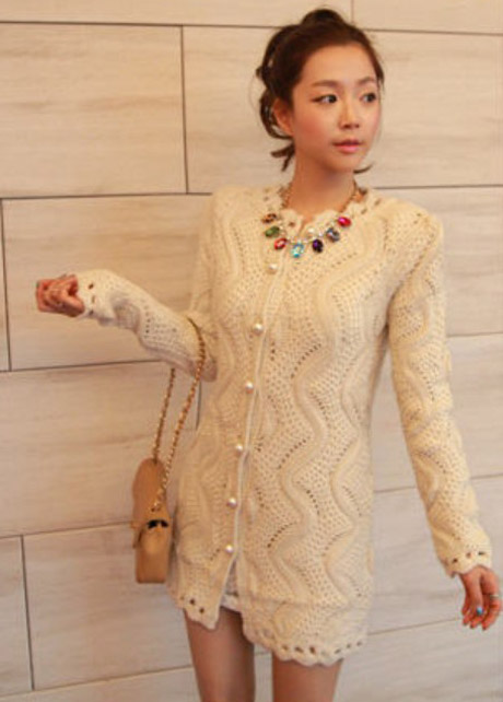 Formal Long Pattern Beige Button Closed Cardigans For Lady