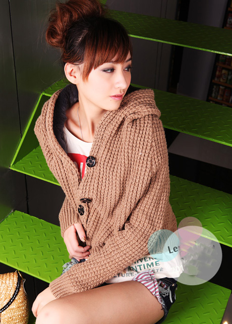 Casual Style Long Sleeve Knitting Hat Design Cardigans - Khaki