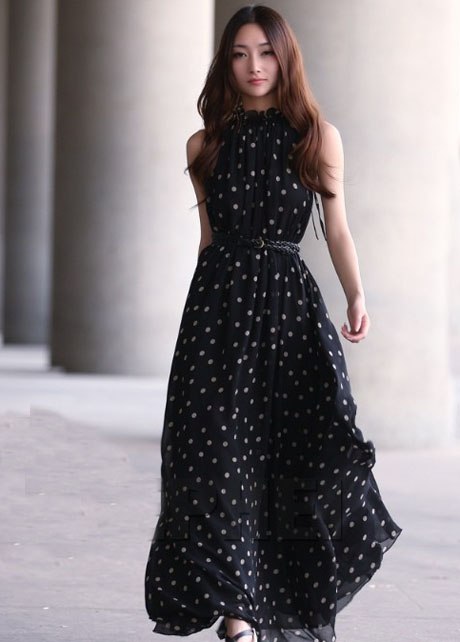 Lovely Polka Dot Print Black Chiffon High Waist Dress With Belt