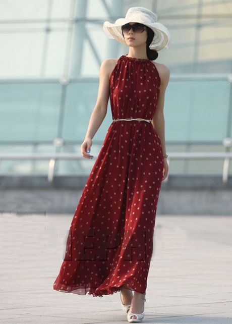Lovely Polka Dot Print Chiffon High Waist Dress With Belt - Wine Red