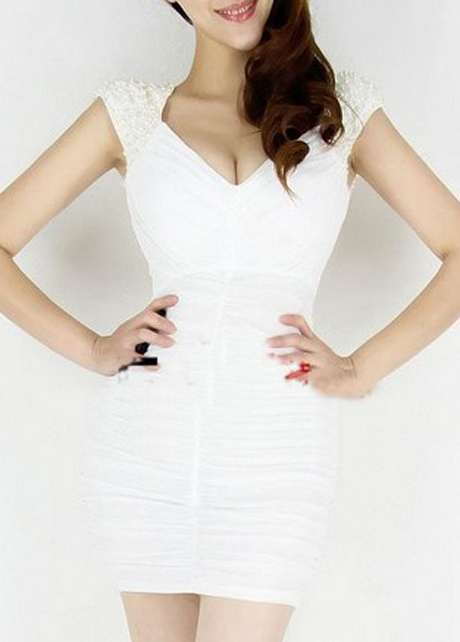 Elegant Pearl Design Cap Sleeve Dress- White