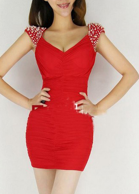 Elegant Pearl Design Cap Sleeve Dress- Red