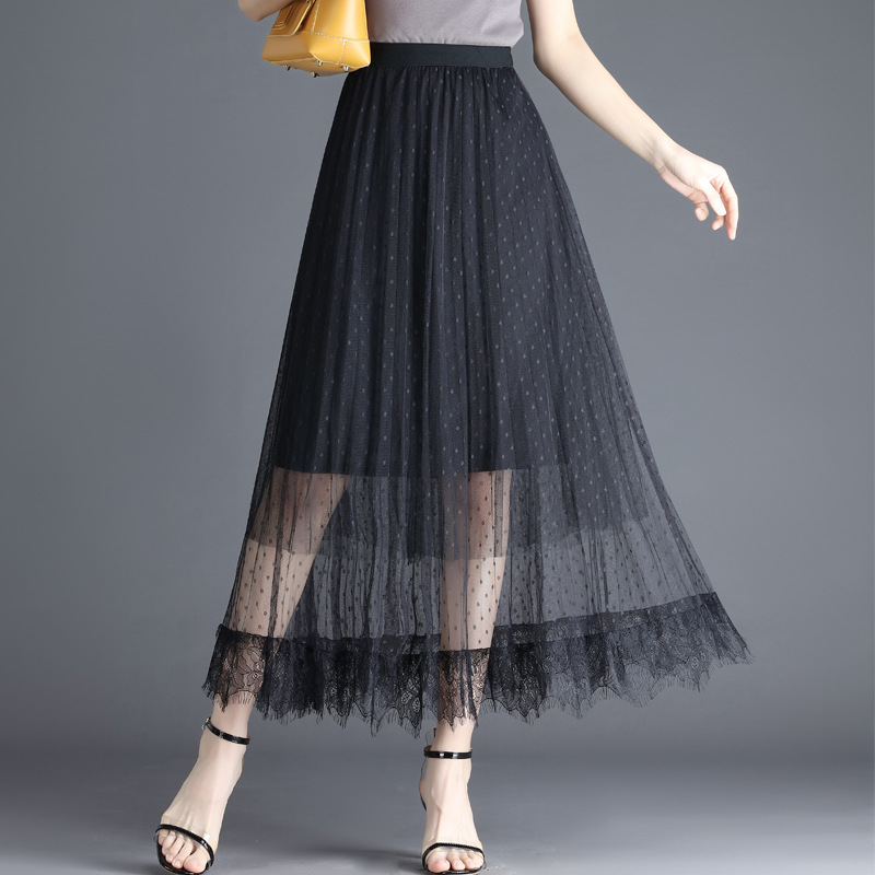 New High Waist Long Gauze Skirt - Black