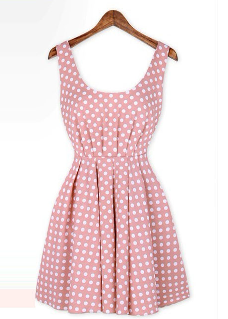 Vintage Polka Dot Pattern Scoop Shirred Waist Backless Dress - Pink