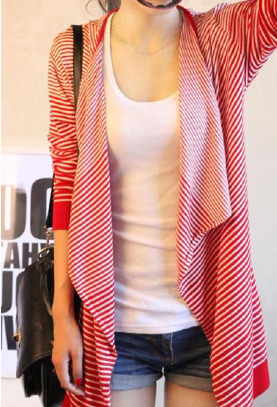 Casual Striped Asymmetrical Long Sleeves Knitting Long Cardigan - Red