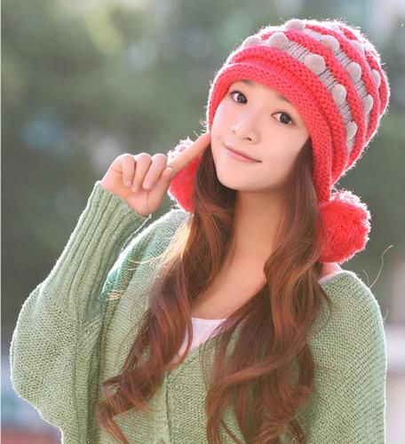 Winter Cute Little Ball Knitted Bomber Hat For Girls - Watermelon Red
