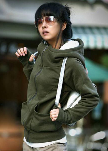 Korean Stylish Fleece Inside Hooded Coat With Pockets - Army Green
