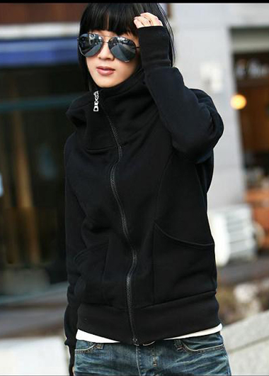 Korean Stylish Fleece Inside Hooded Coat With Pockets - Black