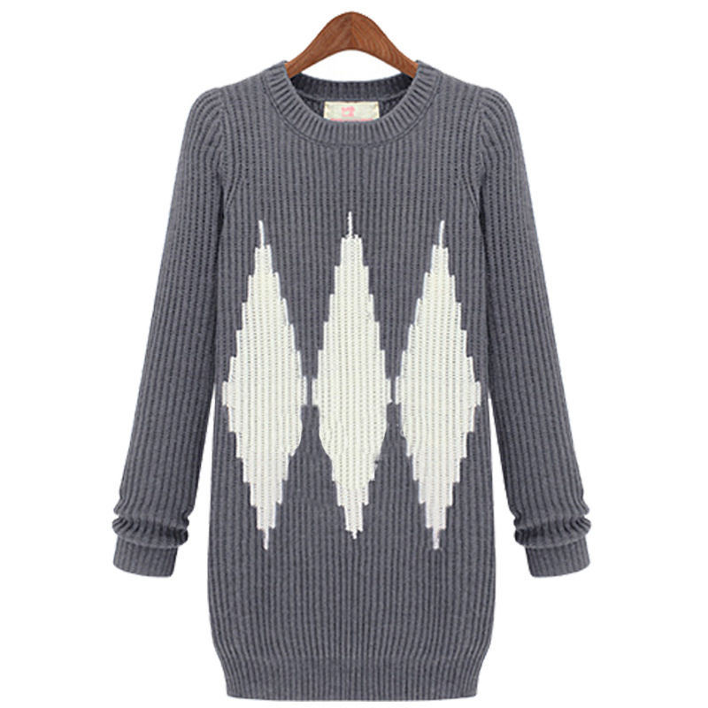 Large Size Diamond Pattern Warm Knit Women Sweaters And Pullovers - Grey