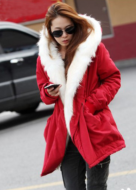 Warm Woman Fur Decoration Hooded Collar Coat - Red
