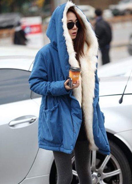 Warm Woman Fur Decoration Hooded Collar Coat - Blue