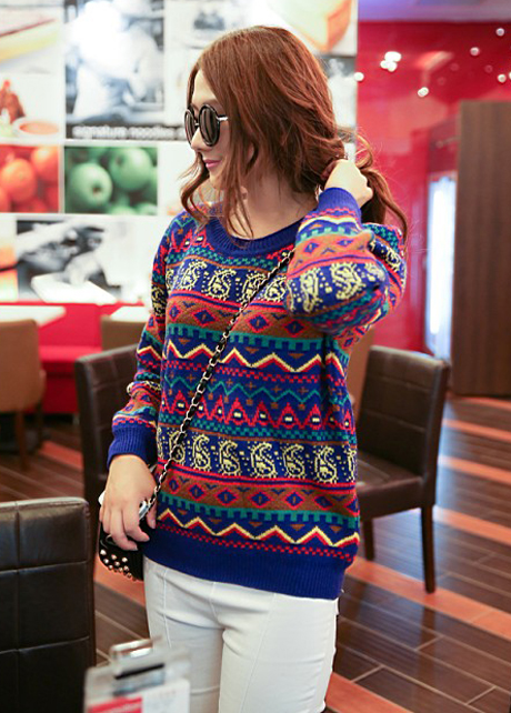 Pattern Print Girls Bohemia Pullovers Sweater