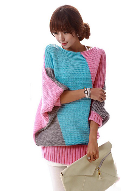 Casual Color Split Batwing Sleeve Long Pullovers Sweater