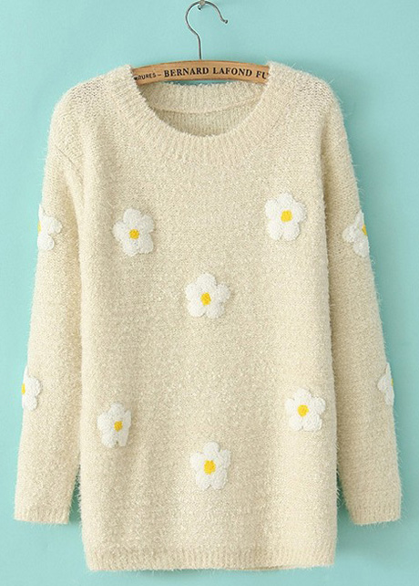 Tiny Flowers Print Long Sleeve Pullovers Sweater - Beige