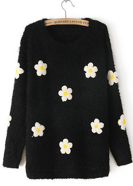 Tiny Flowers Print Long Sleeve Pullovers Sweater - Black on Luulla
