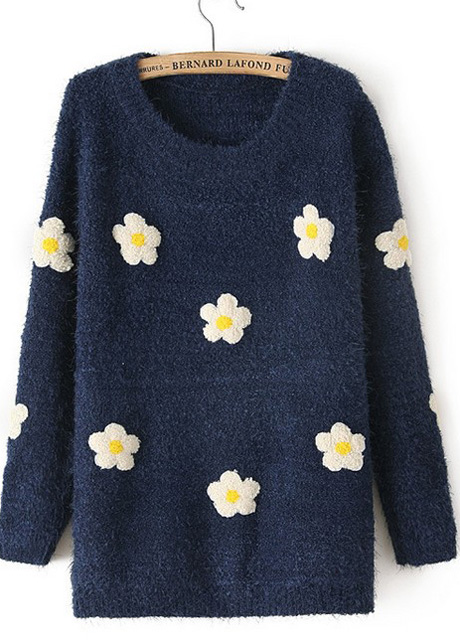 Tiny Flowers Print Long Sleeve Pullovers Sweater - Navy Blue