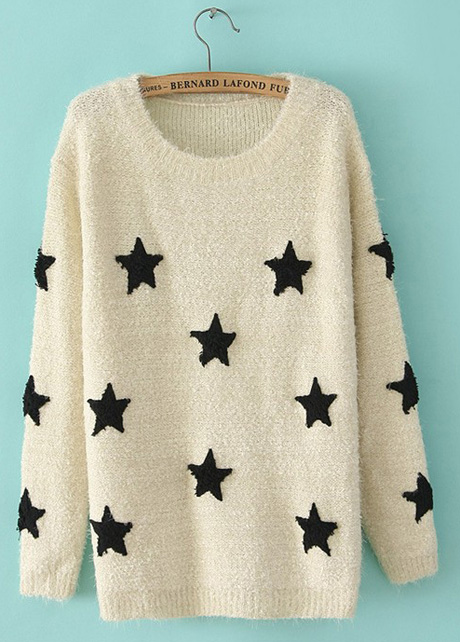 Fashionable Round Neck Pullover Sweaters With Star Print - Beige