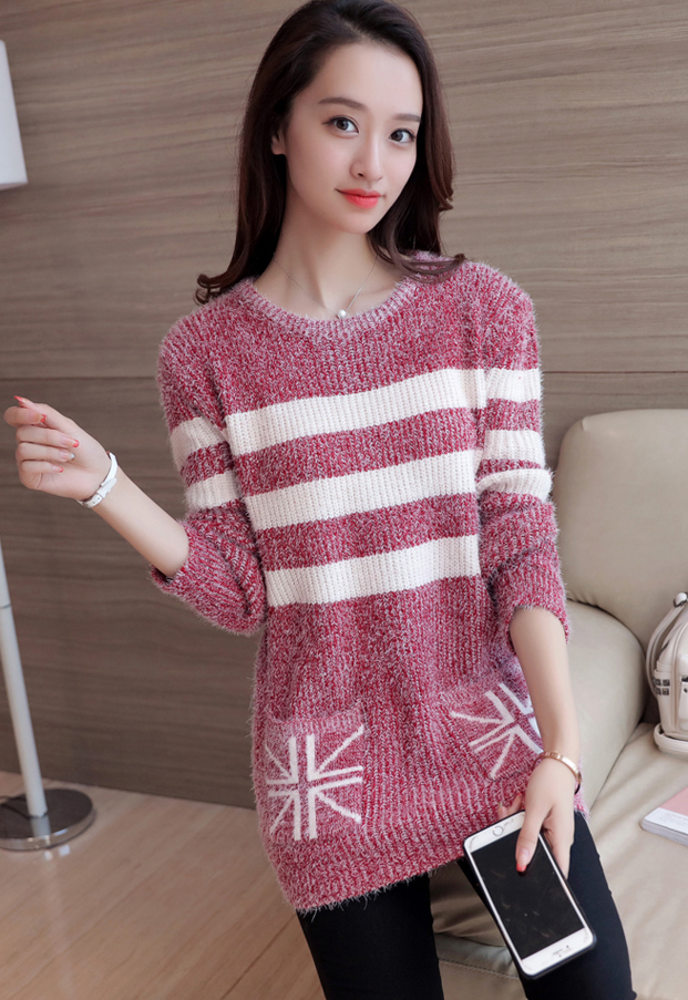 Women Strips Loose O-neck Long Sleeve Casual Sweater Fashion Knitted Tops - Red