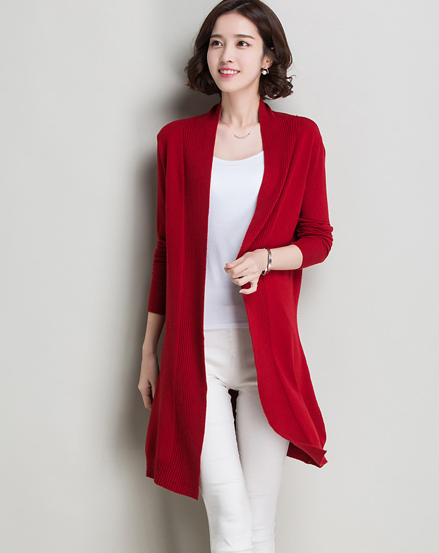 Autumn And Winter Women Slim Long Sweater Cardigan - Red