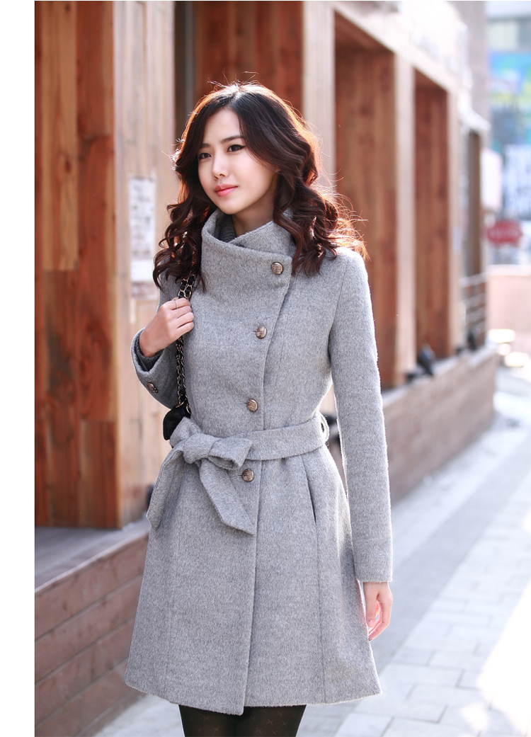 High Quality Side Button Down Belted Wool Coat - Grey