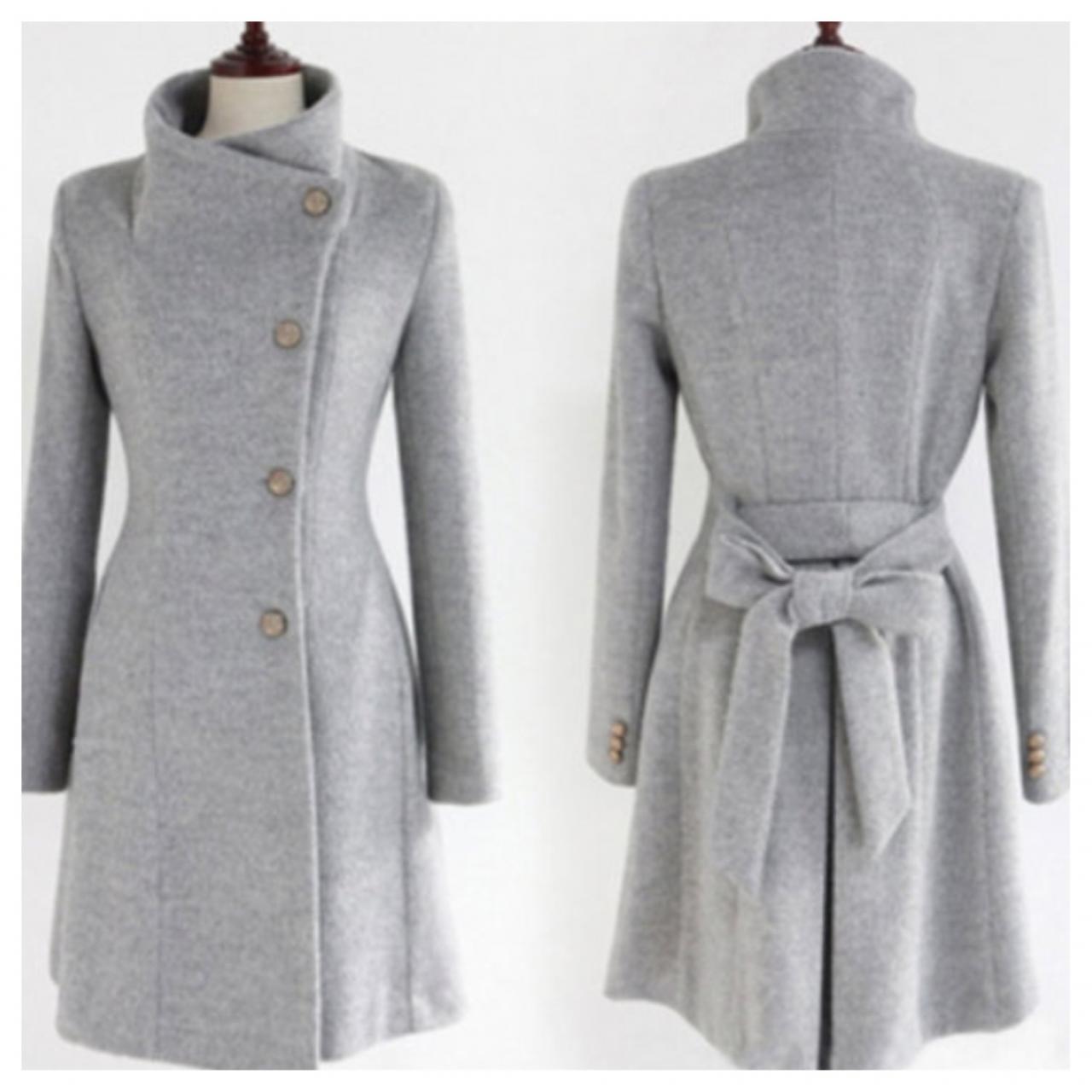 High Quality Side Button Down Belted Wool Coat Grey on Luulla