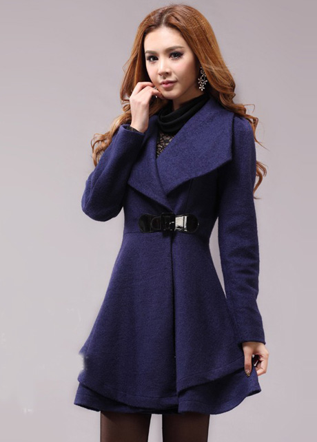 Lovely Dress Pattern Turndown Collar Woolen Coat - Navy Blue on Luulla