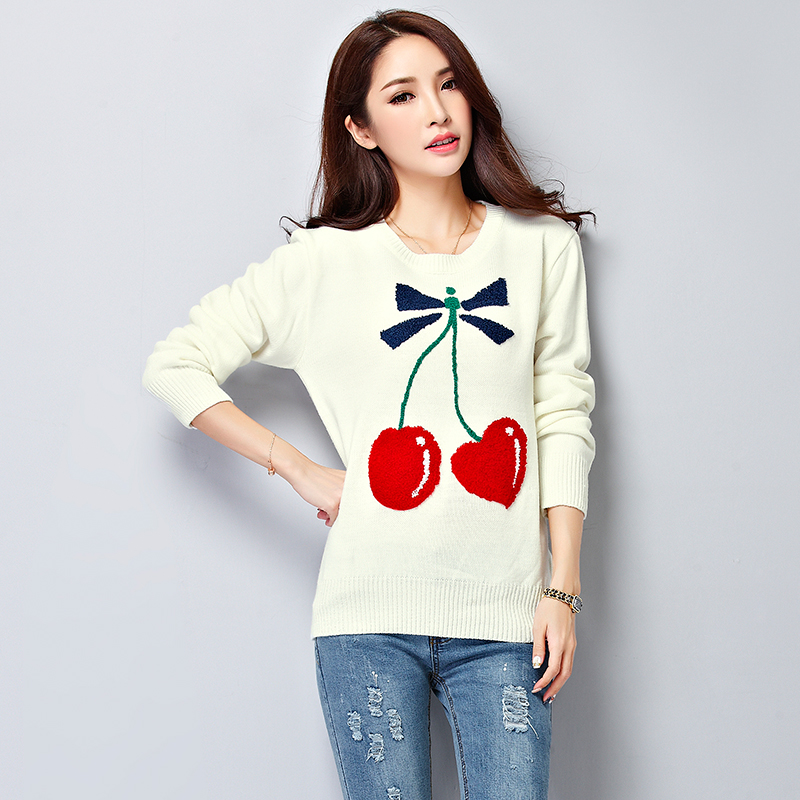 Cute Women Cherry Pattern White Sweater