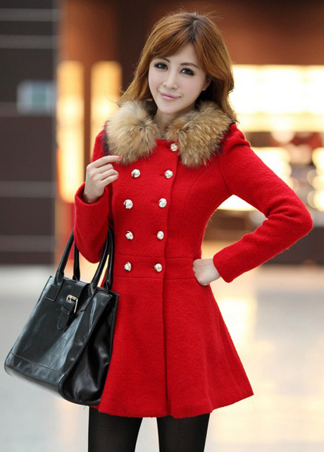 Fashion Double Breasted Fur Decoration Collar Coat - Red