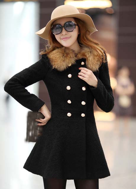 Fashion Double Breasted Fur Decoration Collar Coat - Black