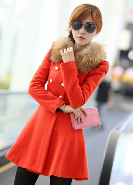 Fashion Double Breasted Fur Decoration Collar Coat - Orange