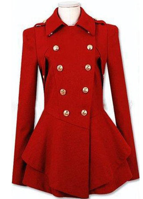 Latest Double Breasted Wool Turndown Collar High Waist Coat - Red