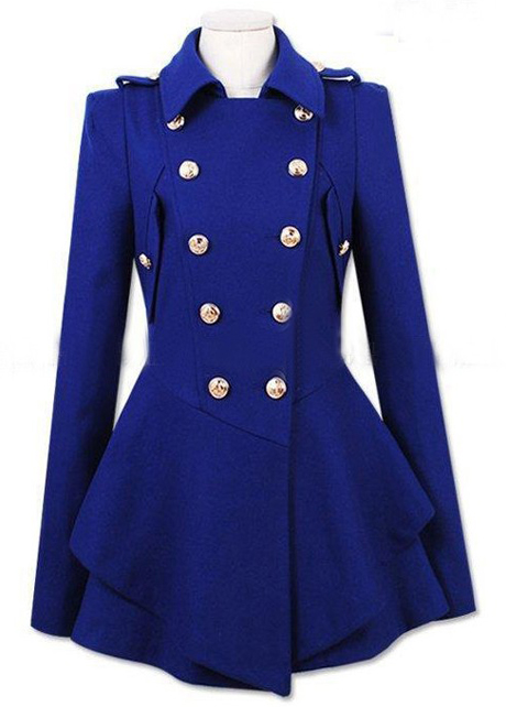 Latest Double Breasted Wool Turndown Collar High Waist Coat - Blue