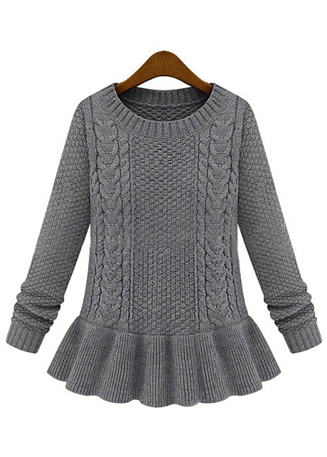 Ladylike Round Neck Cable Sweaters With Frill - Grey