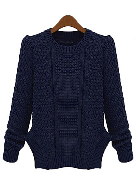 Brief Round Neck Slit Design Knitting Sweater - Dark Blue